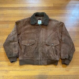 VTG 80s 90s American Weekend Brown Suede Leather Bomber Jacket Sherpa Collar 42